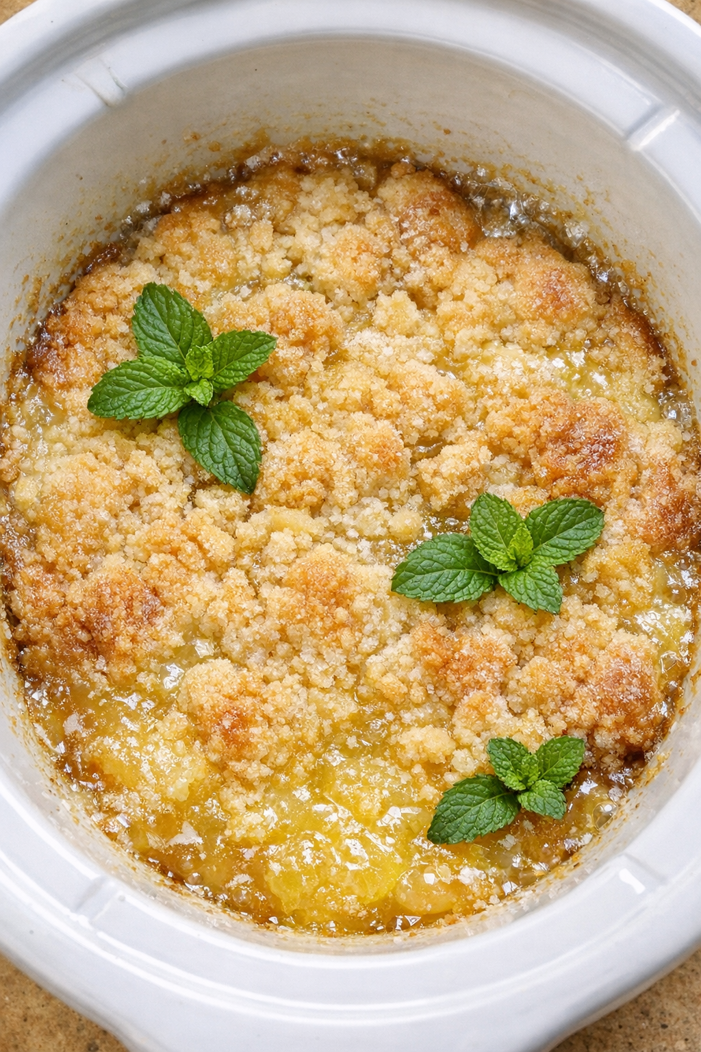 Slow cooker Hugo spritz dump cake in a white slow cooker