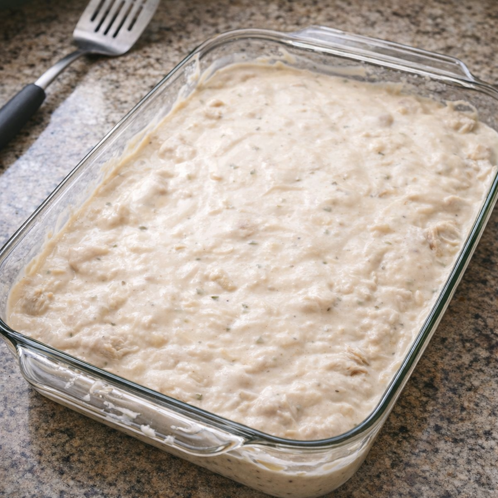 Unbaked chicken casserole ready for the oven