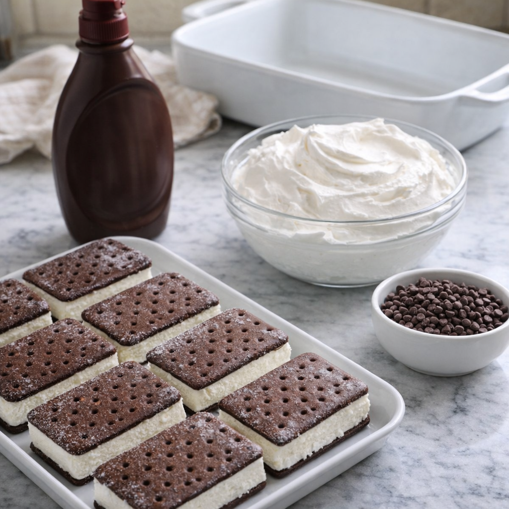 Ingredients for ice cream sandwich dessert arranged on a counter