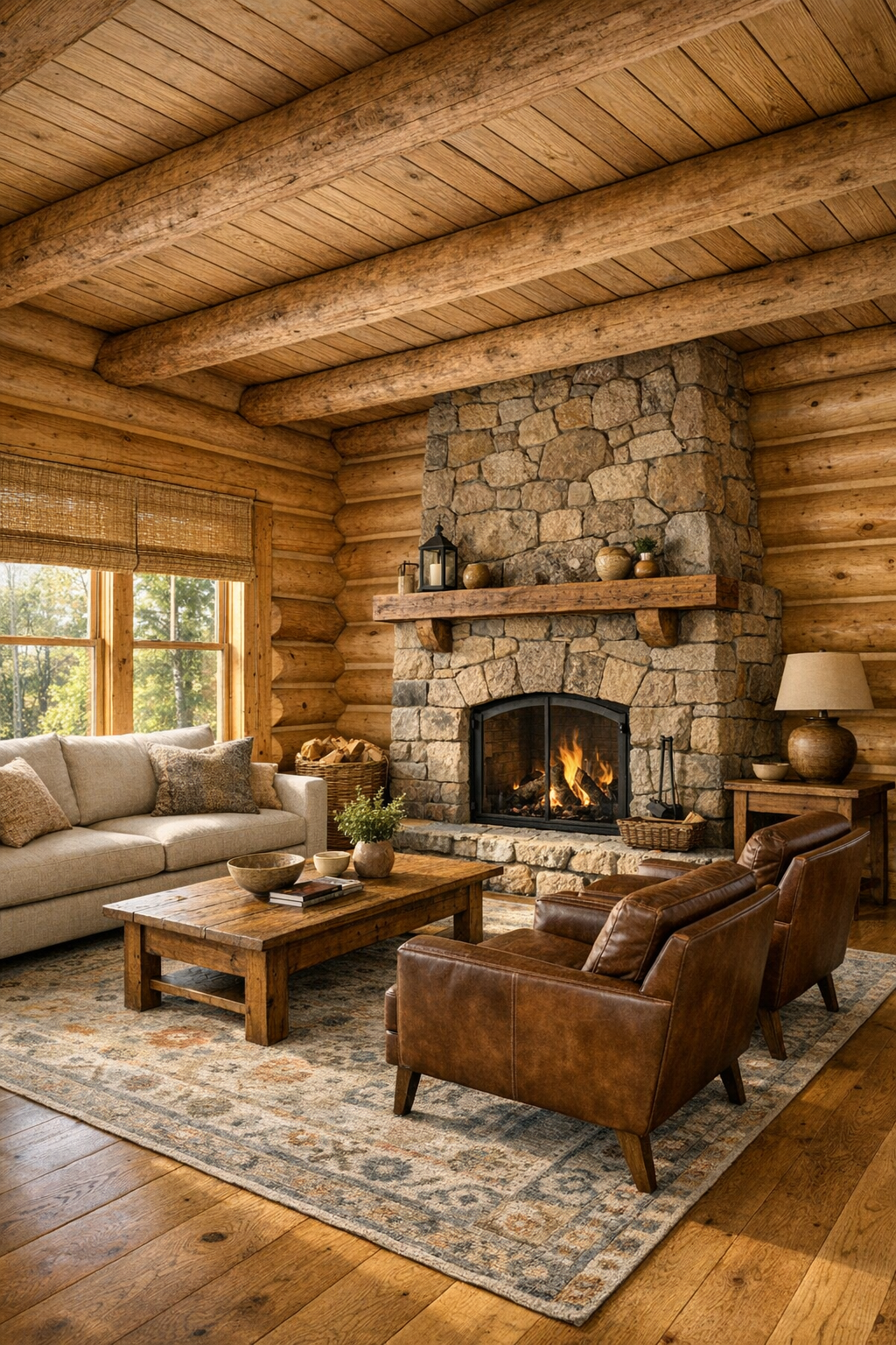 Warm log home living room with stone fireplace and soft neutral seating