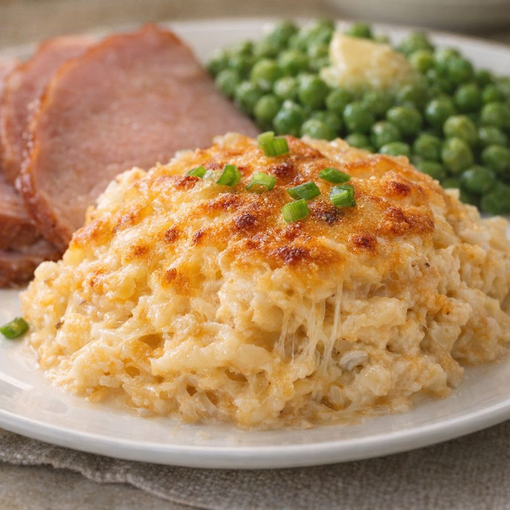 Served scoop of cheesy potatoes with green onions on a plate