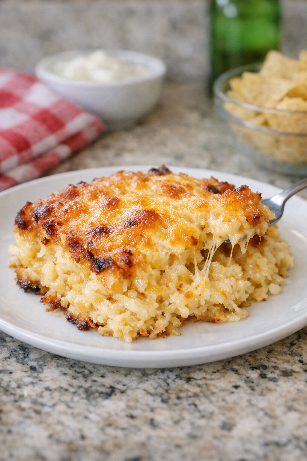 Finished hash brown casserole plated with crispy golden edges