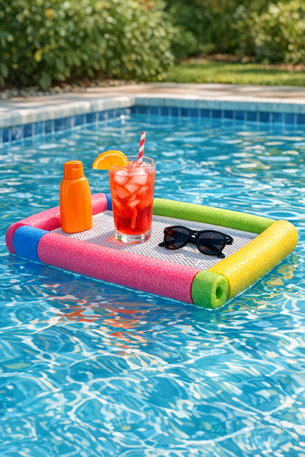 Finished floating pool tray made from pool noodles and mesh fabric