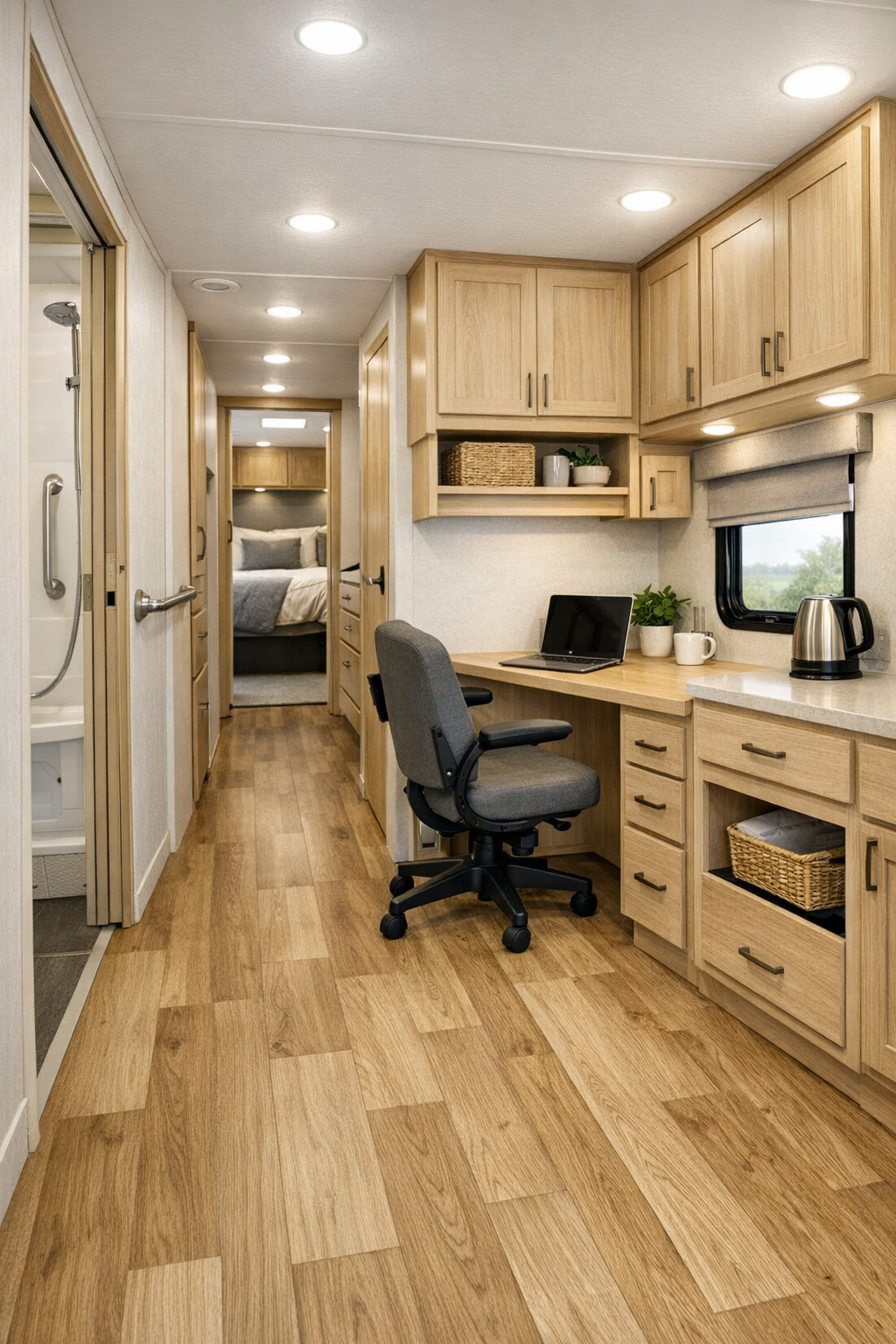 Accessible RV camper hallway and storage area with built-in workstation nook