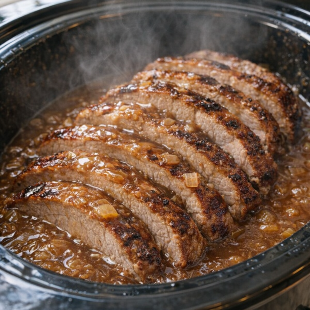 Sliced pork nestled back into onion gravy in the slow cooker