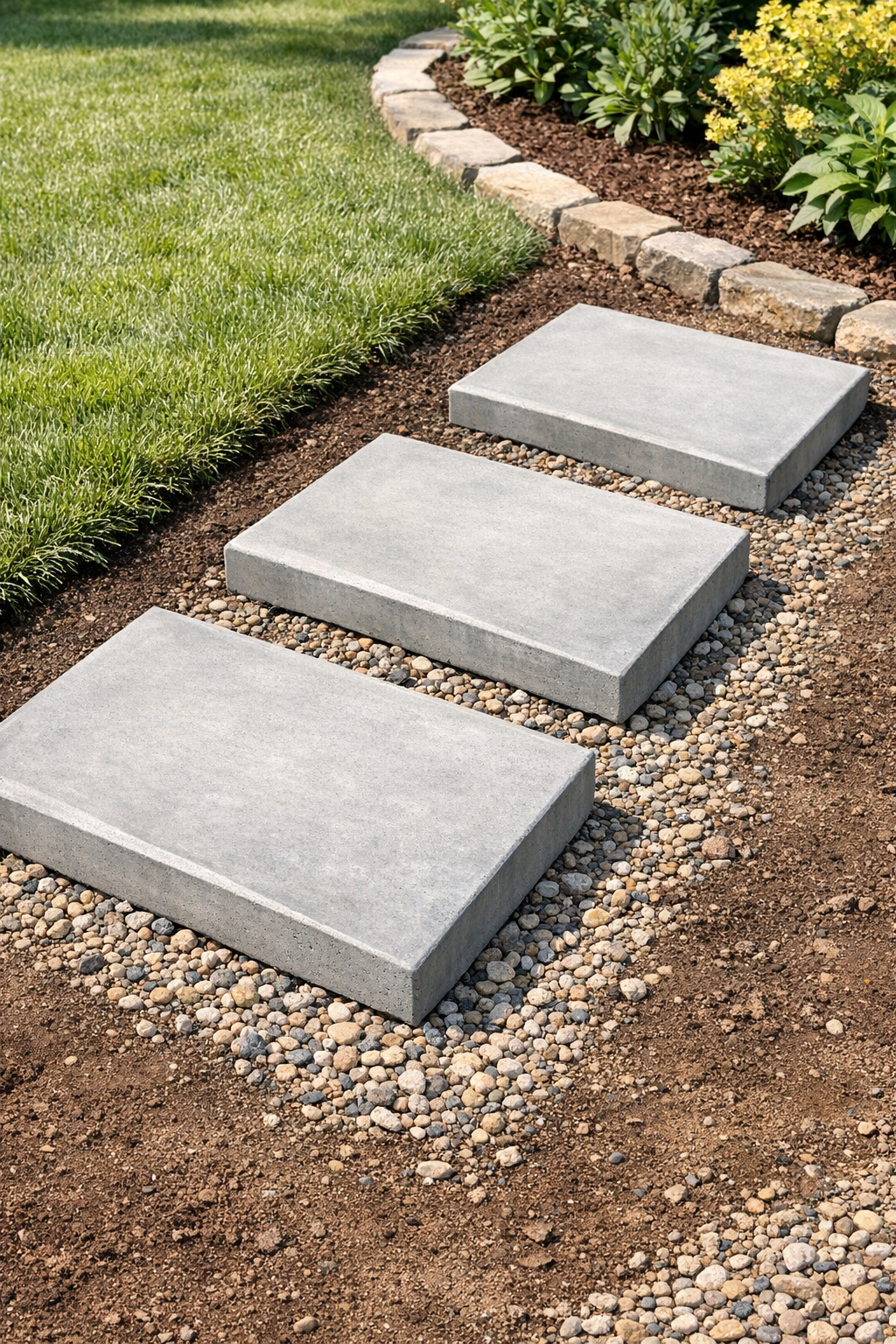 Finished angled concrete yard slabs installed outdoors