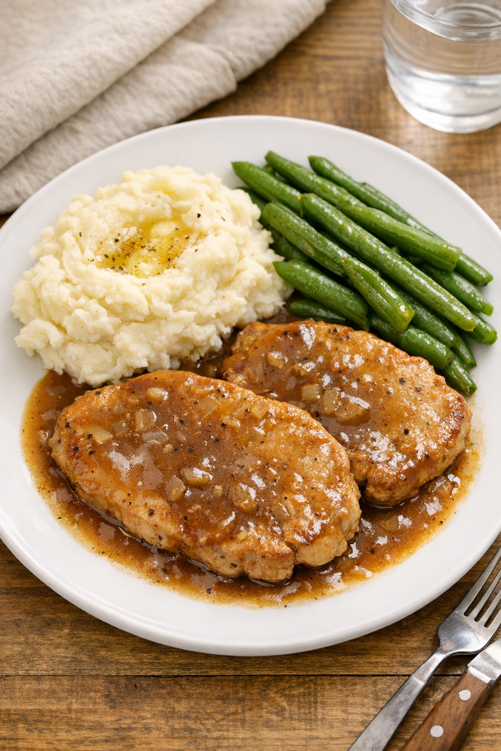 Finished slow cooker pork chops plated with gravy