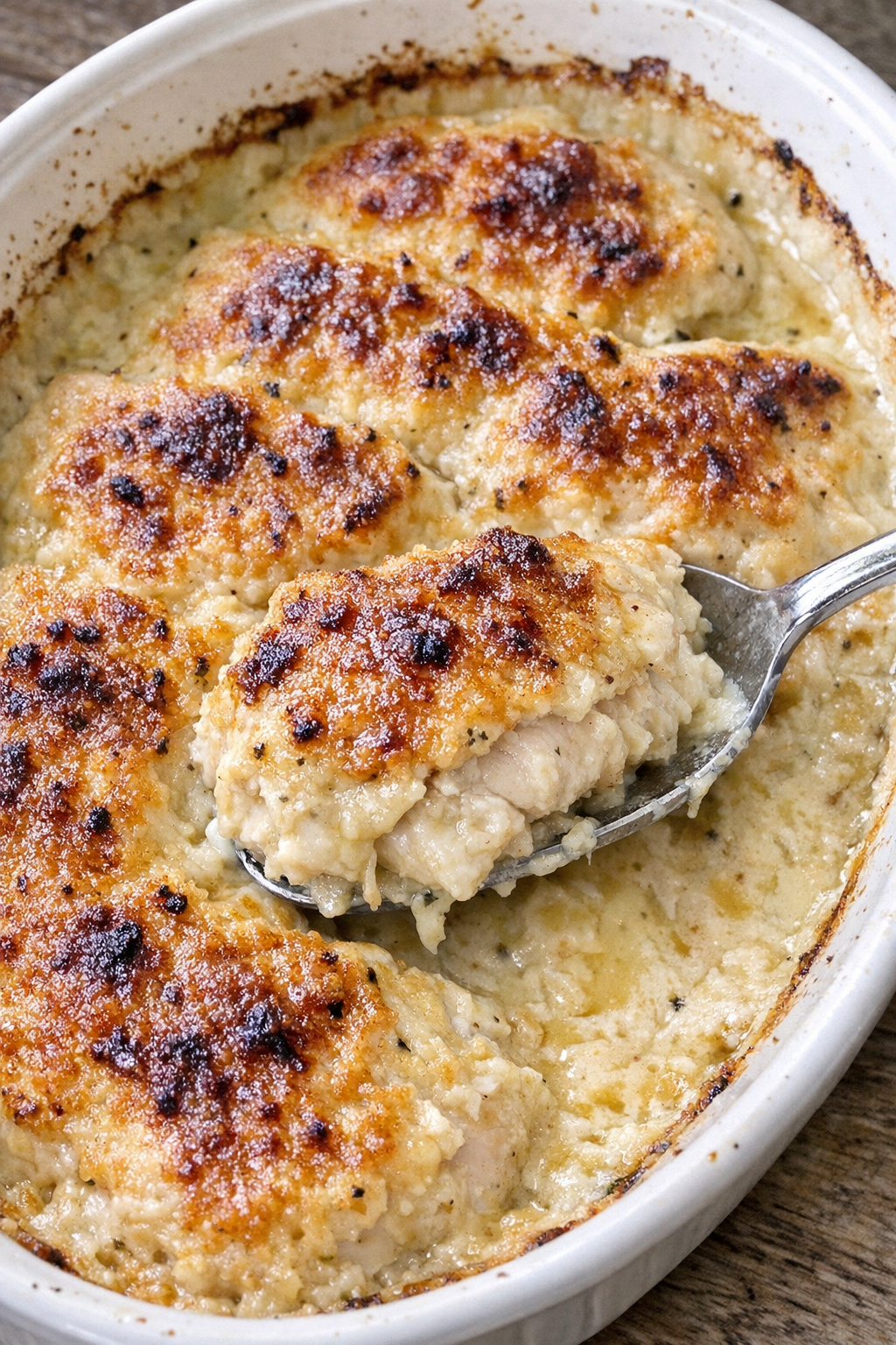 Golden chicken imperial in a white oval casserole dish