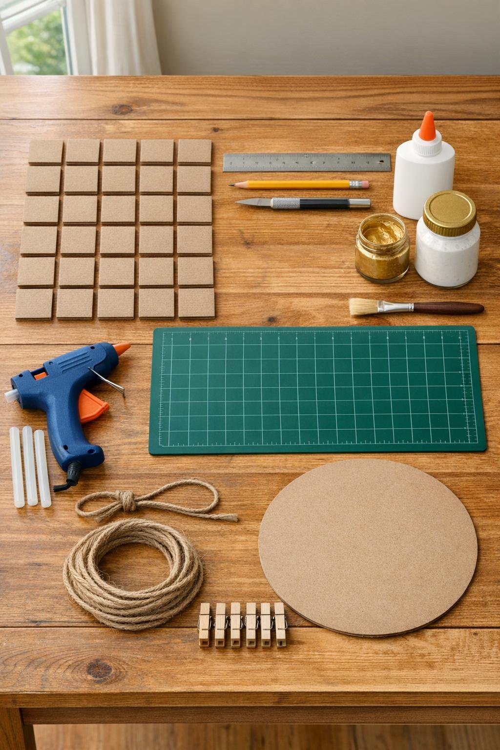 Cardboard squares, glue, paint, and hanging supplies laid out on a table