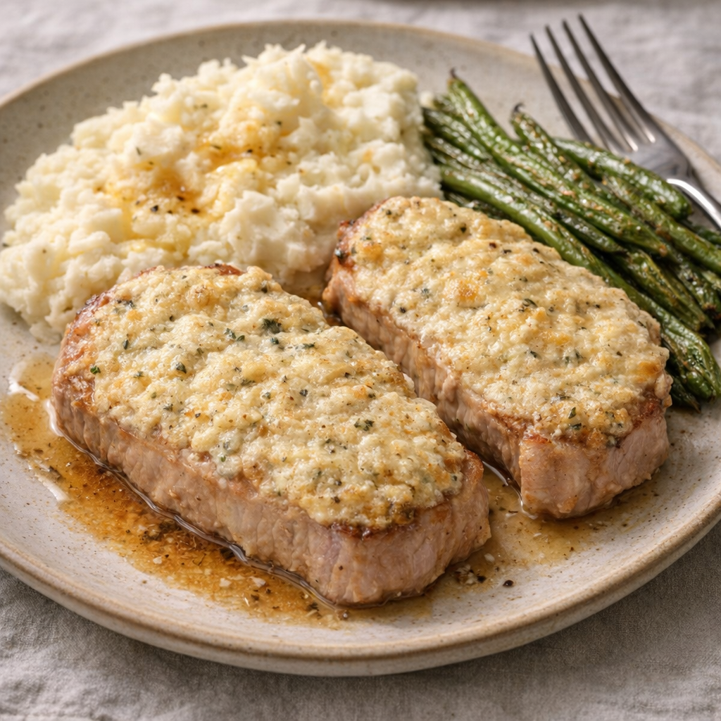 Baked ranch pork chops on a weeknight dinner plate