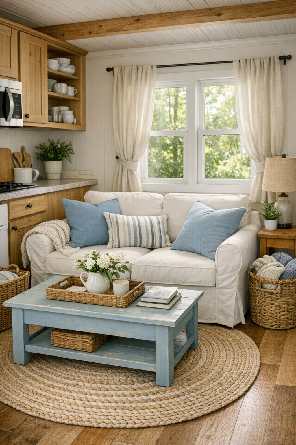 Cozy cottage-style living room with blue and white accents