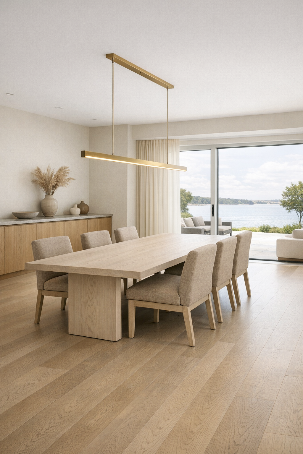 Accessible dining room with pale wood table, upholstered chairs, and linear brass pendant