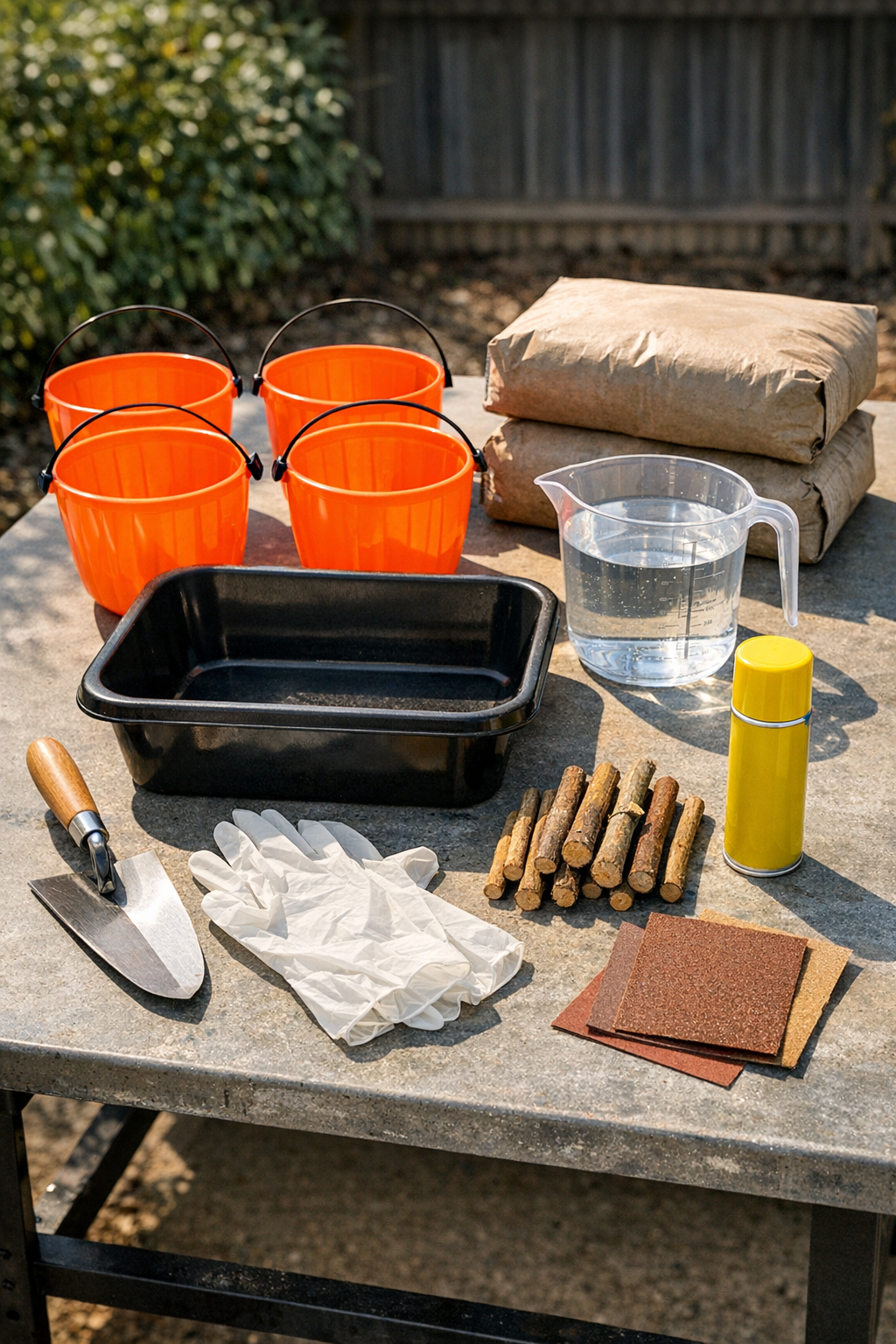 Materials for making cement garden pumpkins laid out on a worktable