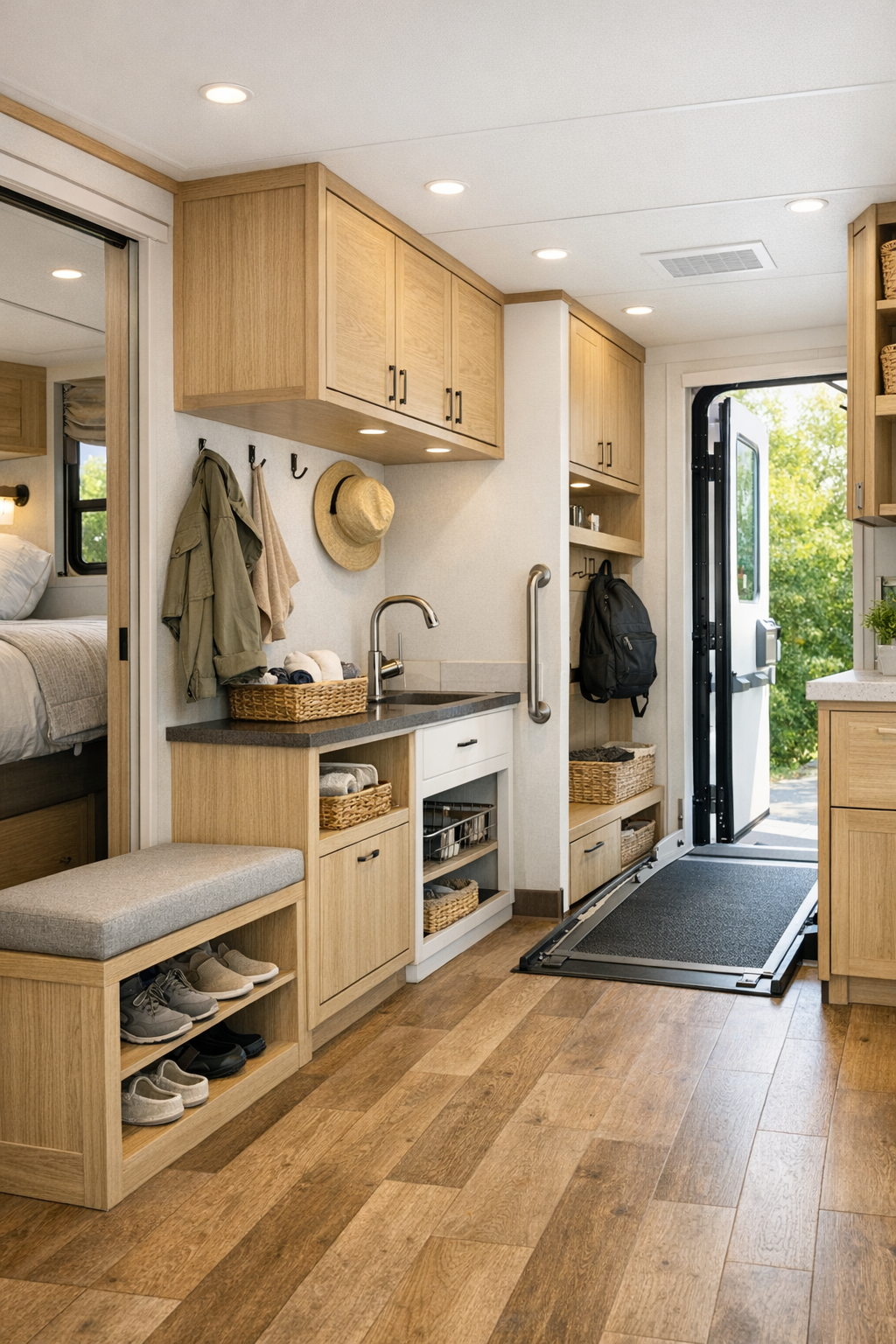 Accessible RV transition area with built-in storage, wood-look flooring, and clean modern millwork