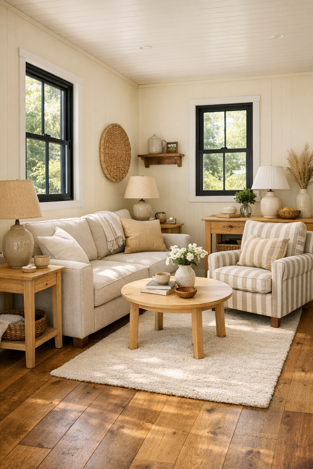 Warm buttercream-toned living room with oak floors and oatmeal linen seating