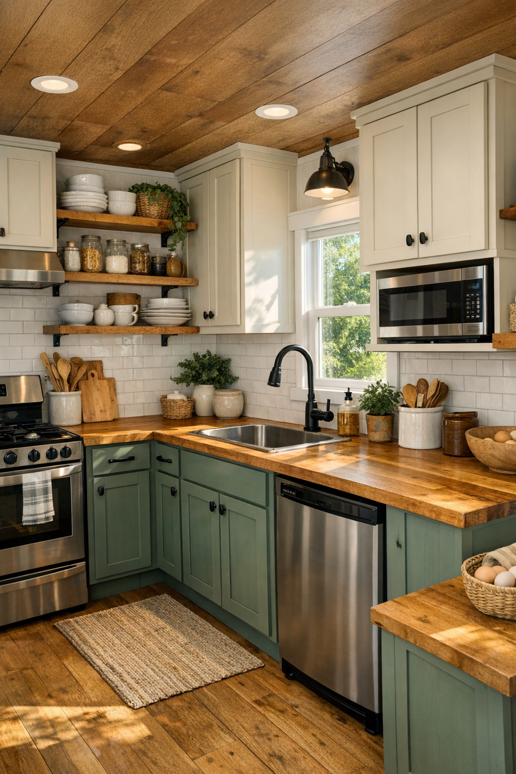 Craftsman park model RV kitchen with sage cabinetry, butcher block counters, and soft tile backsplash