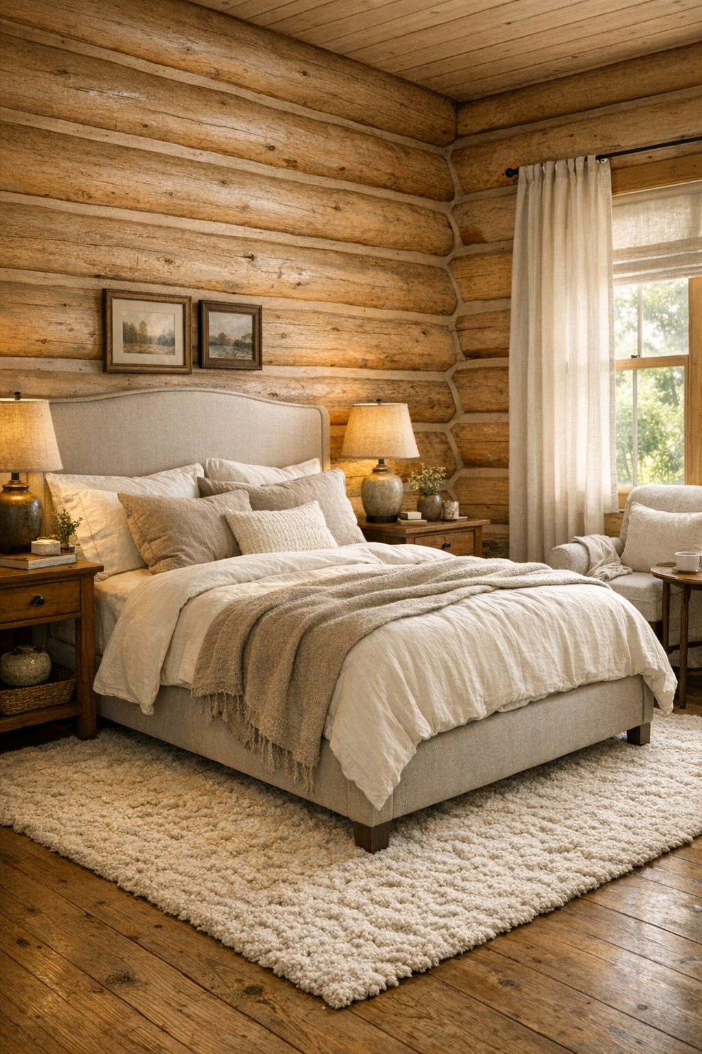 Peaceful log home bedroom with upholstered bed and layered textiles