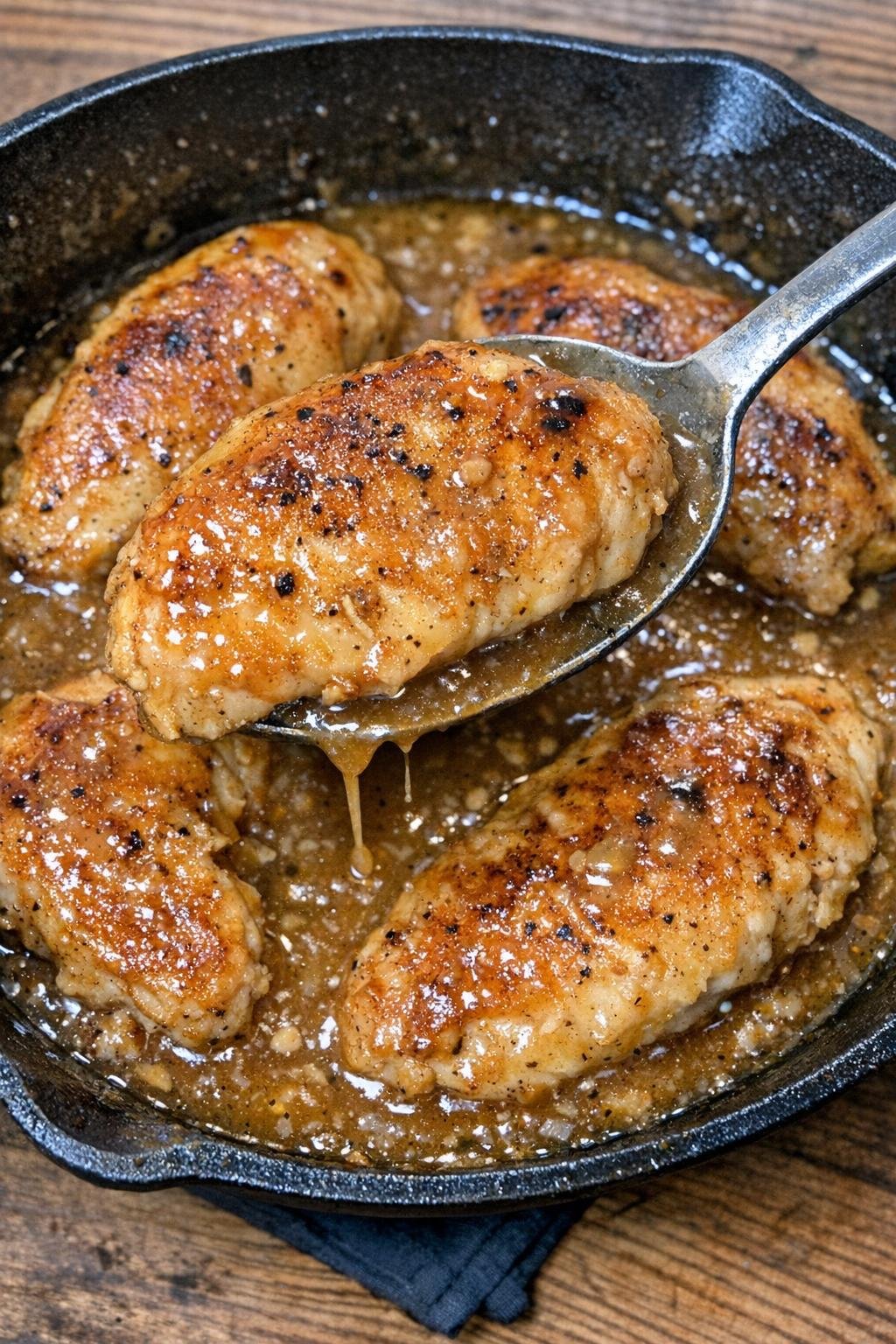 Golden brown chicken breasts with savory gravy in a cast iron skillet