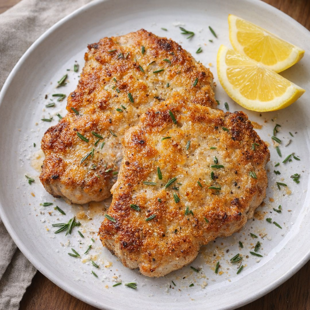 Golden Parmesan-crusted pork chops plated with lemon wedges