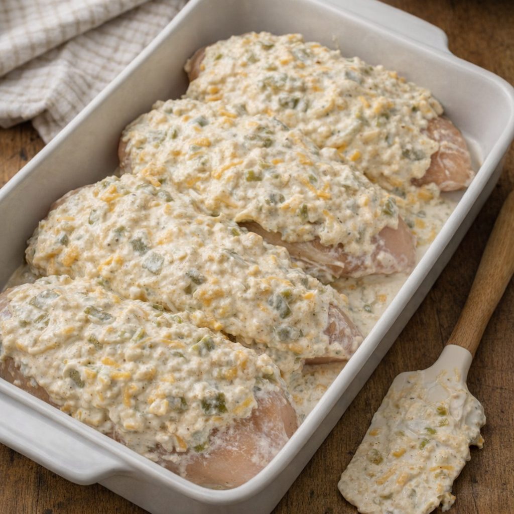 Unbaked chicken covered with creamy taco mixture in a baking dish