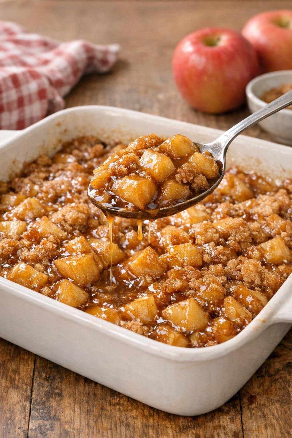Finished butterscotch apple bake in a rustic baking dish