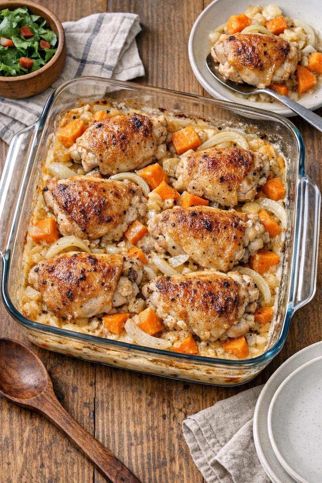 Finished chicken harvest bake in a glass casserole dish