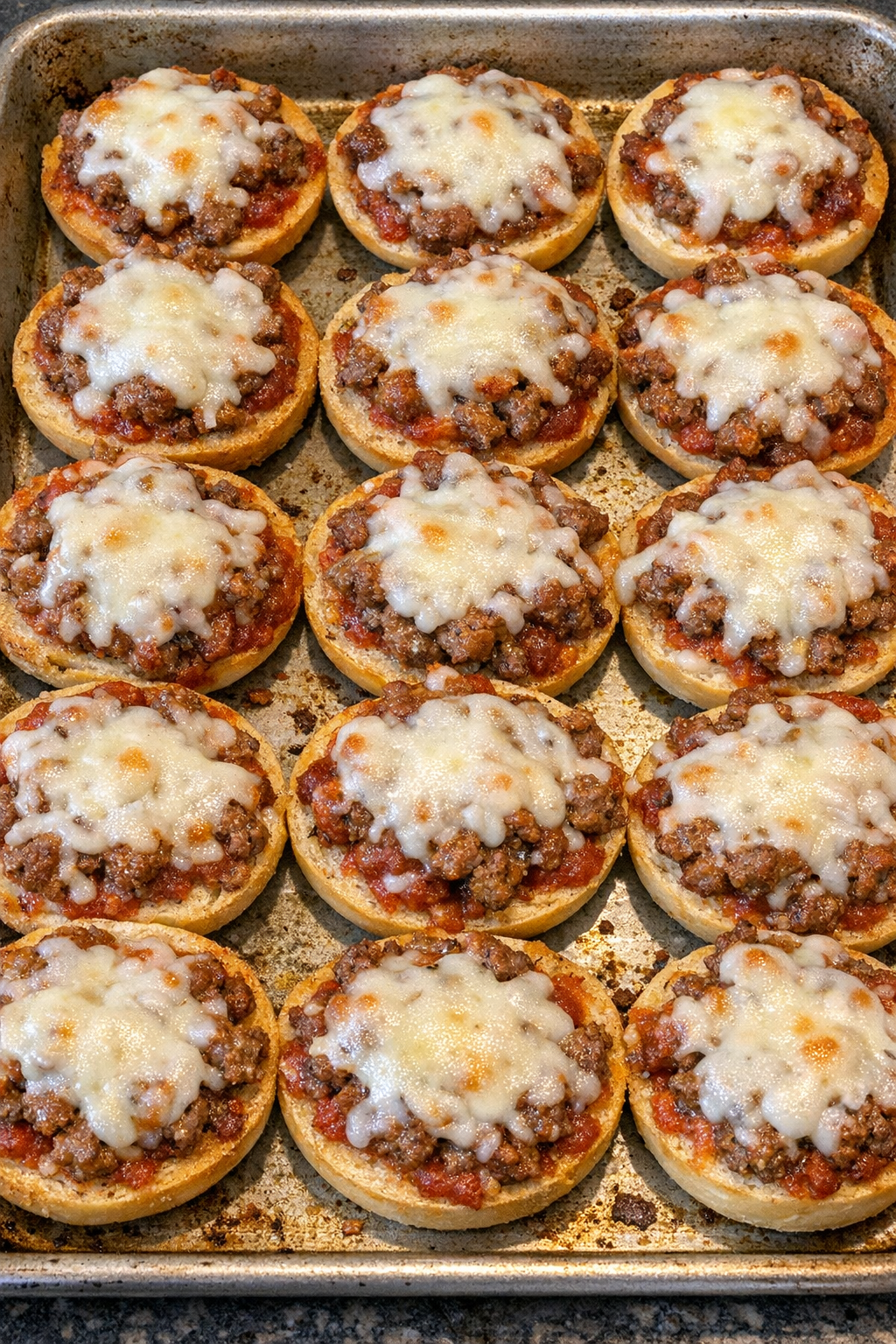 Close up of finished beef pizza bites