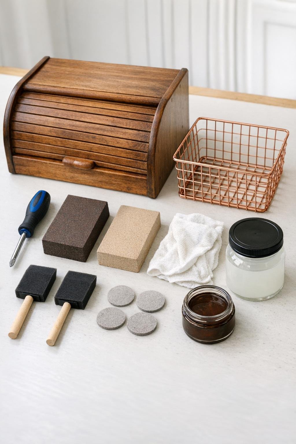 Materials for making a produce bin from a bread box and wire basket