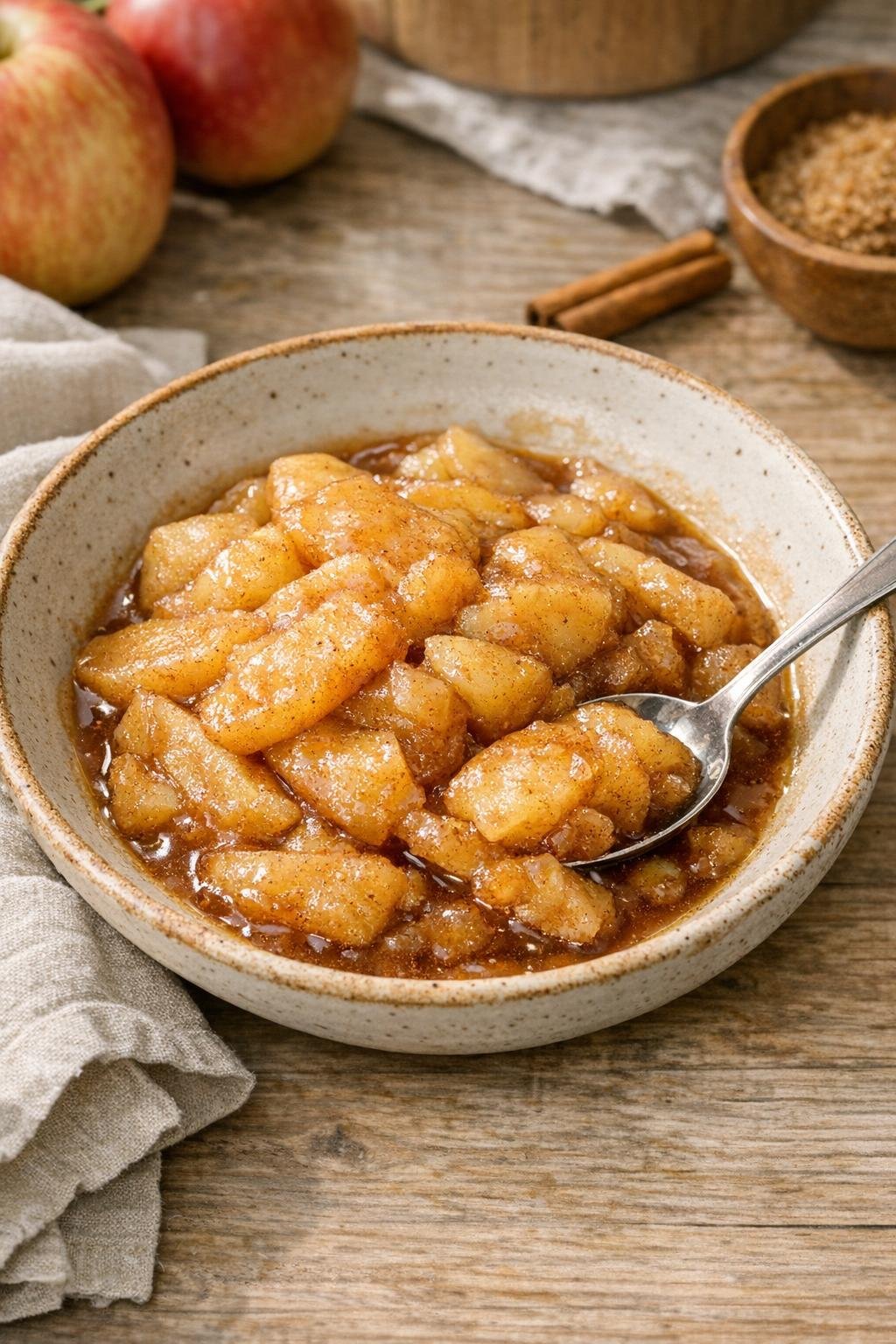 Warm slow cooker apple dessert in a bowl