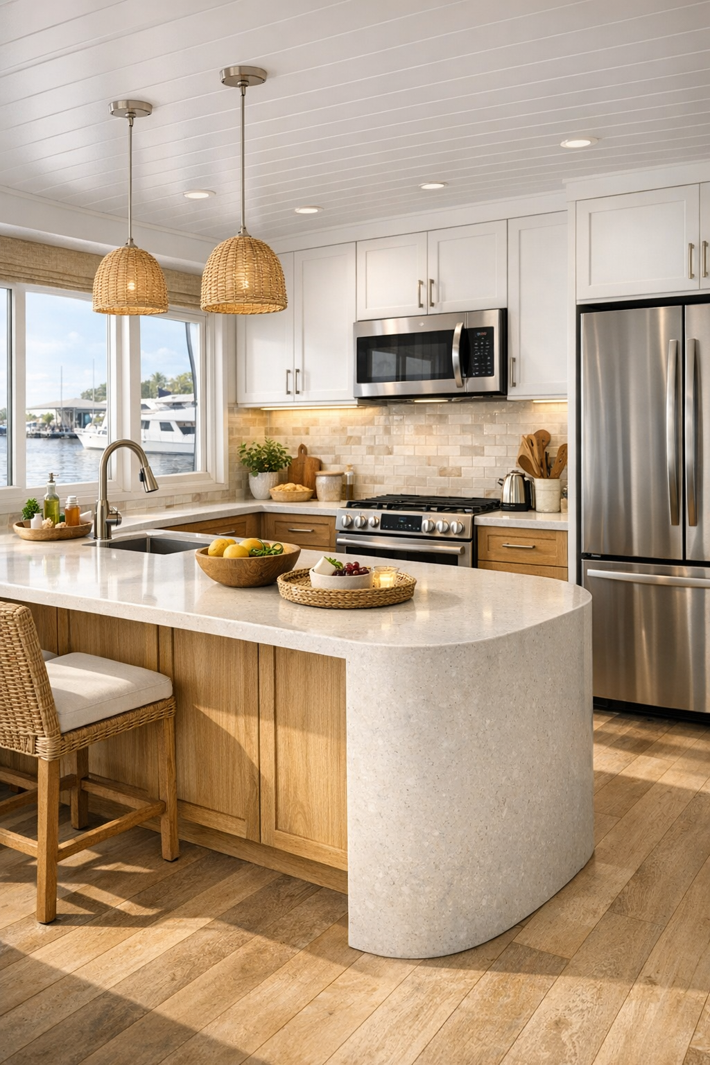 Warm accessible kitchen with white oak cabinetry, pale quartz island, and coastal light