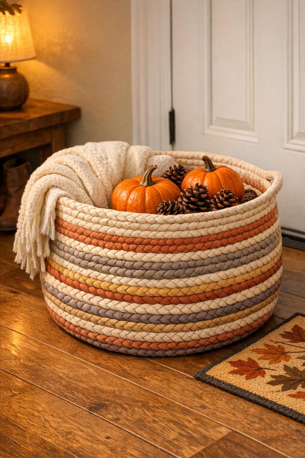 Finished fall coiled basket made from old cotton bed sheets styled in a cozy home setting