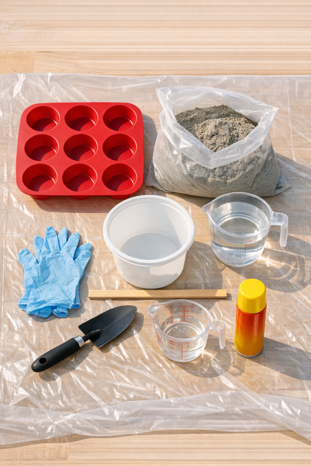 Materials for making cement garden border stones laid out on a work surface