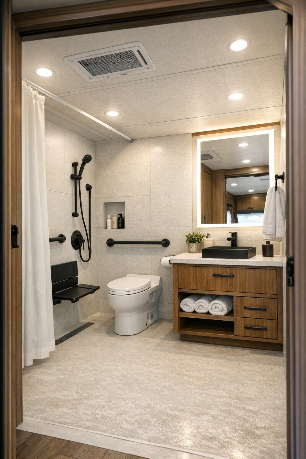 Accessible RV camper bathroom with curbless shower and warm wood vanity