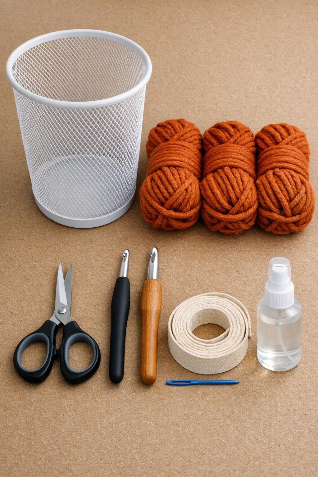 Materials laid out for a crochet storage tote made from a wire trash can