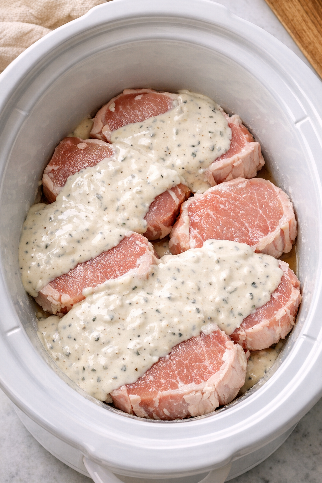 Sauce poured over pork chops in the slow cooker