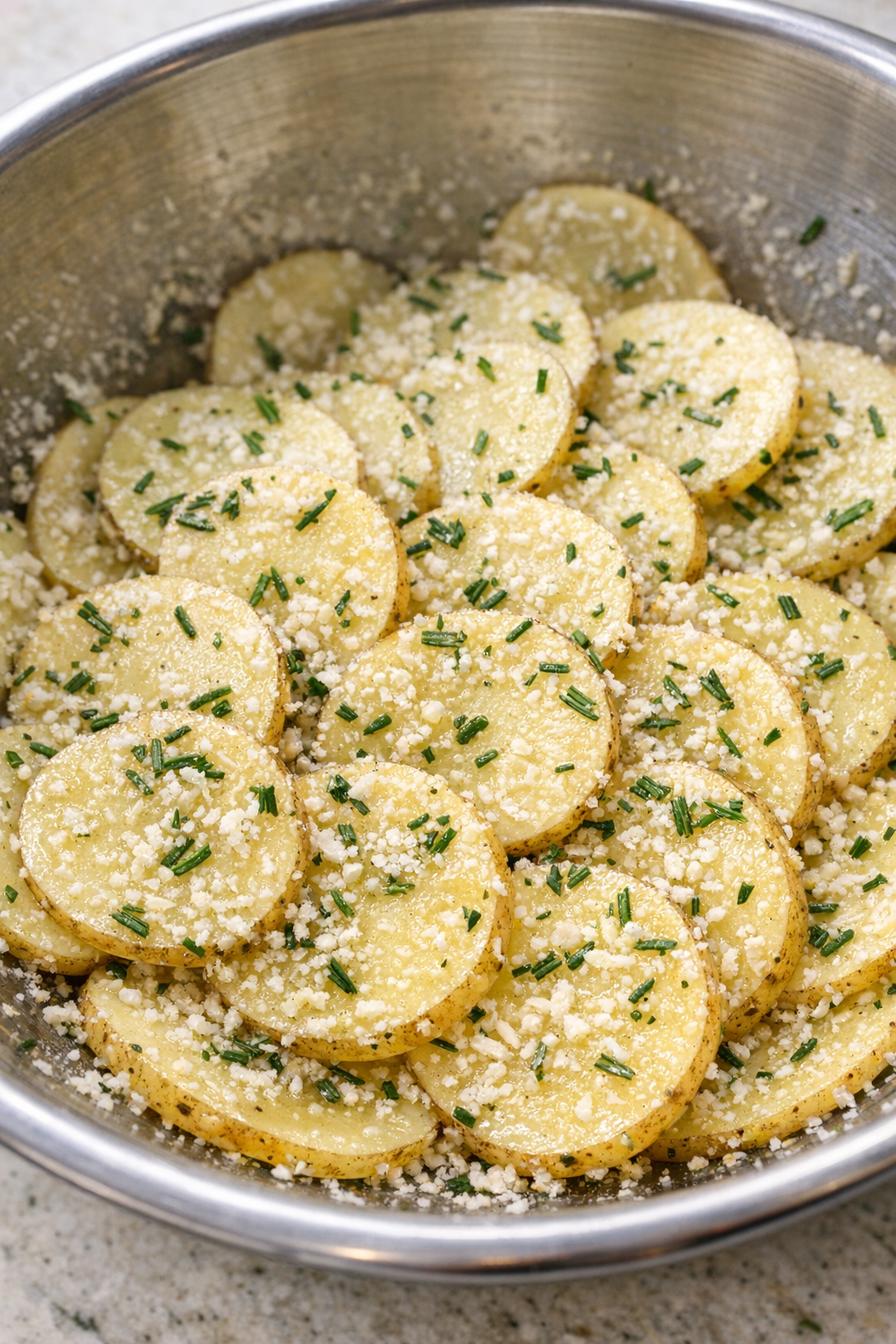 Potato slices coated with olive oil, parmesan, and rosemary in a mixing bowl
