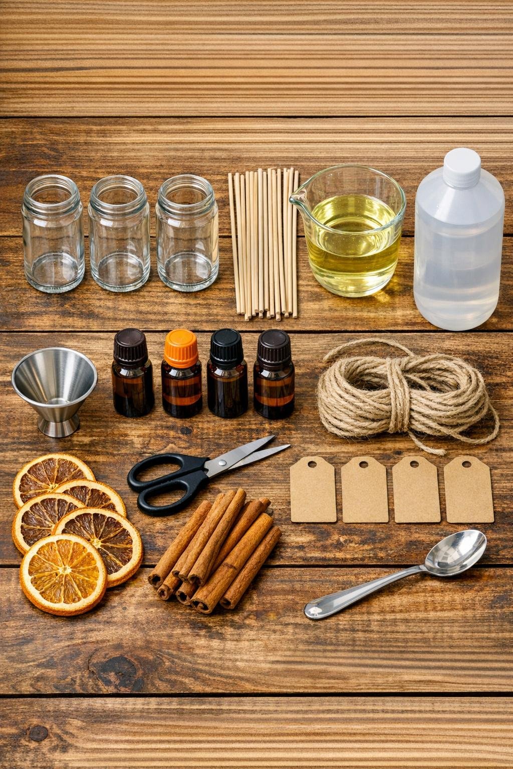 Materials for making four fall reed diffusers laid out on a table