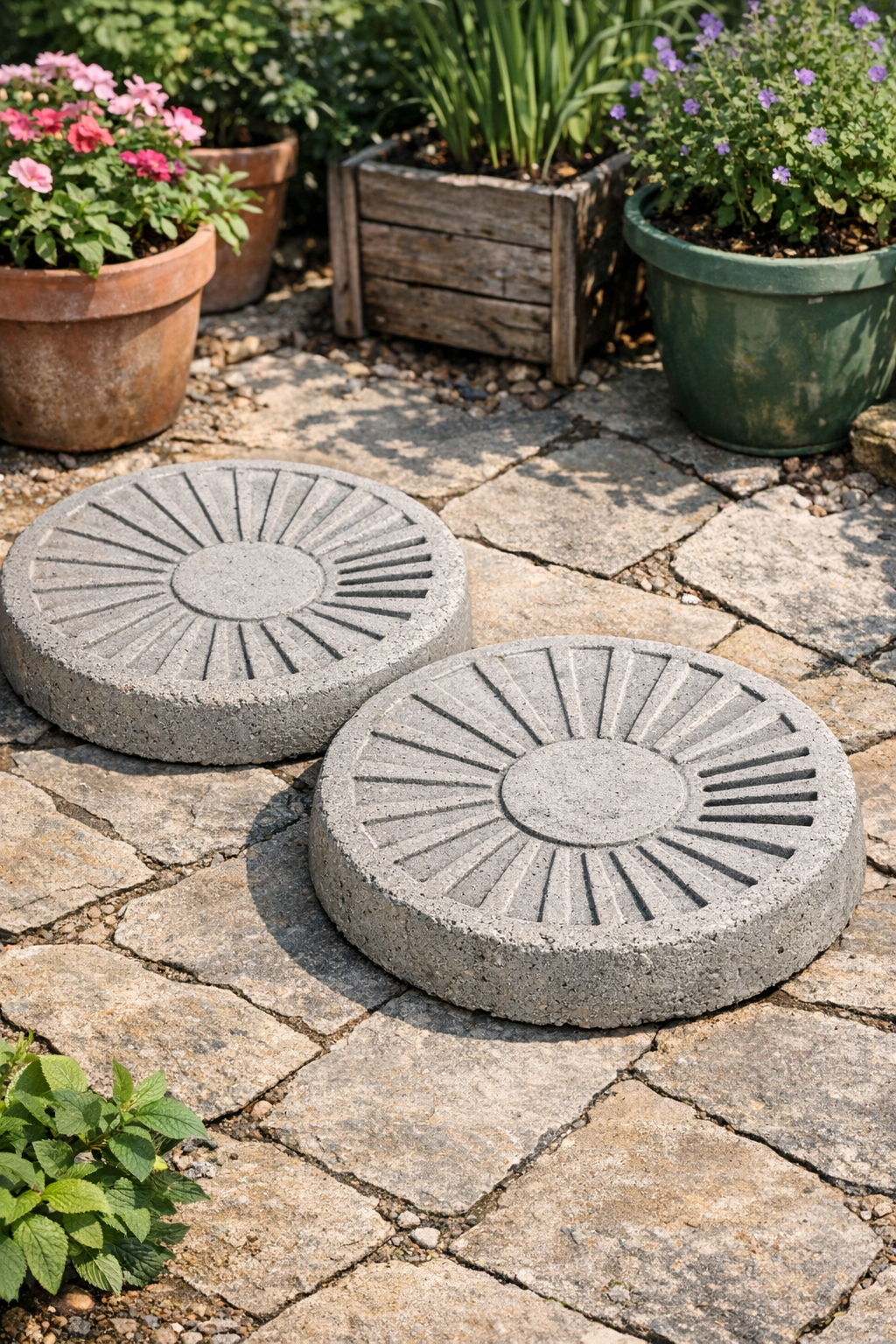 Two finished heavy grooved cement garden bases made from plastic dish drainers