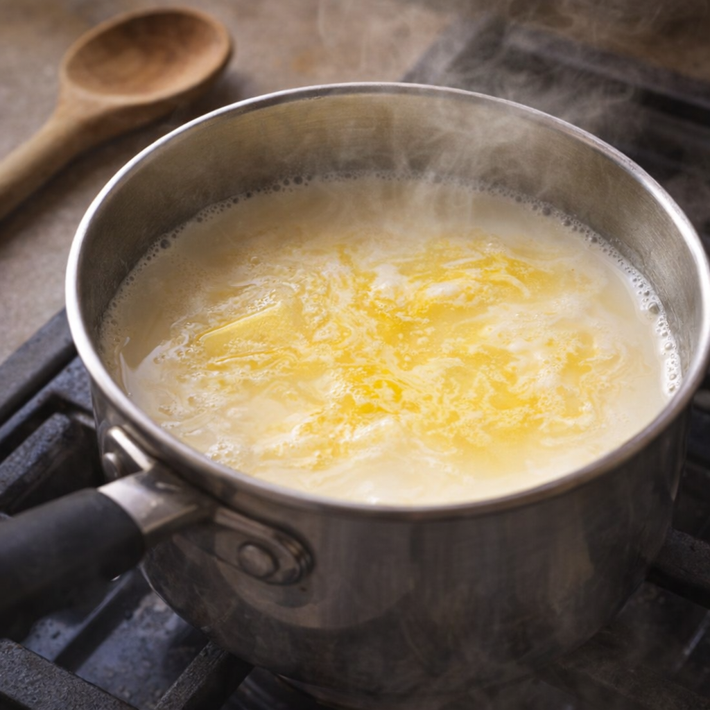 Warm butter and milk melting together in a saucepan