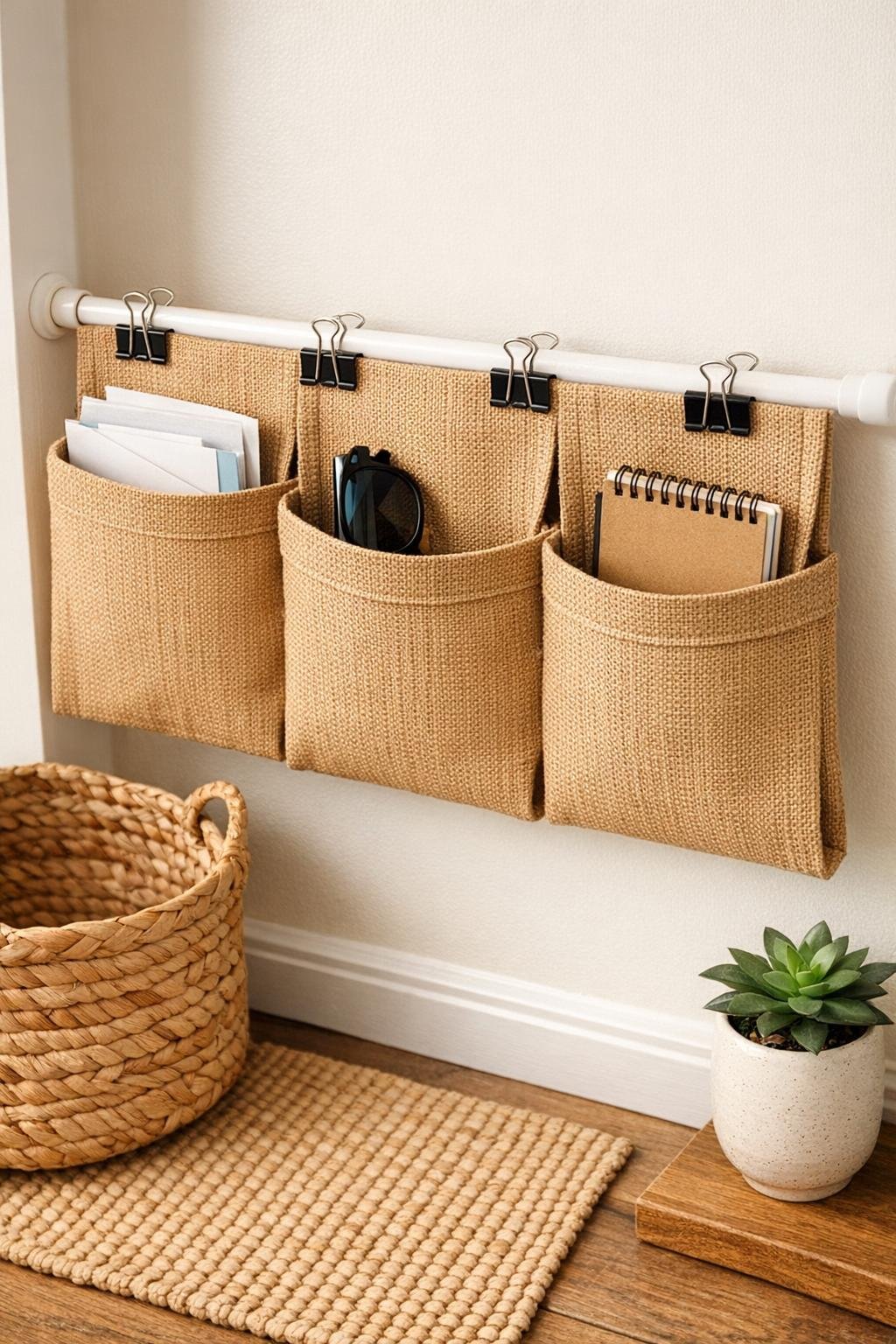 Finished entryway pocket organizer made from tan canvas placemats on a white tension rod