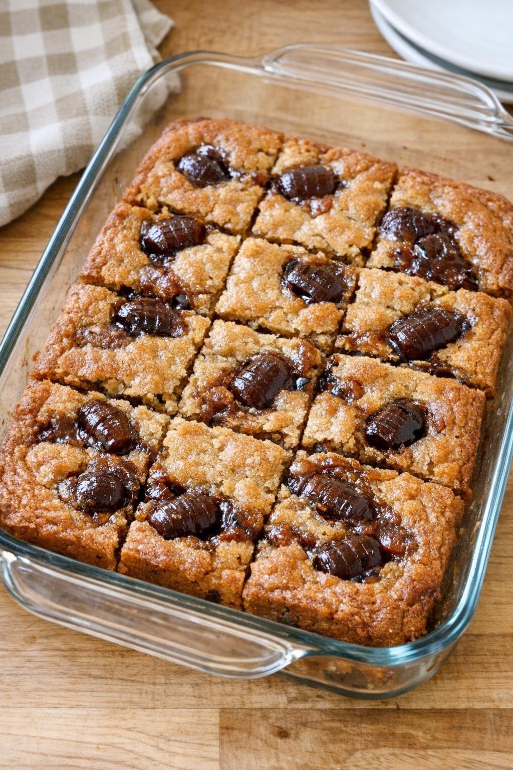 Finished root beer barrel blondie bars in a glass baking dish