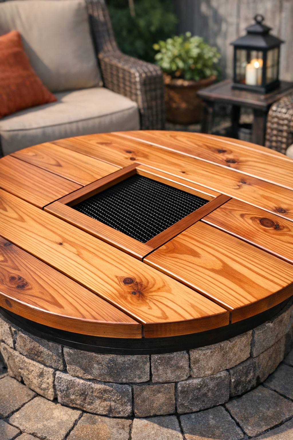 Finished cedar fire pit cover with mesh center on an outdoor patio