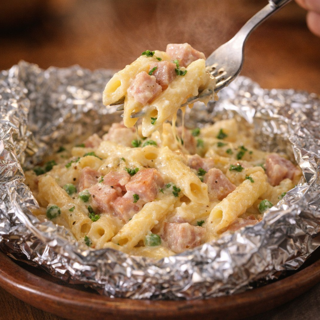 Creamy ham pasta spooned from an opened foil packet