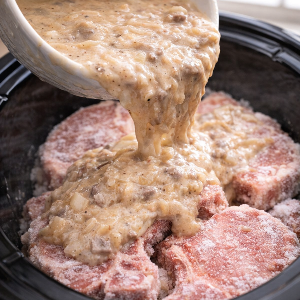Creamy soup mixture being poured over pork chops in the slow cooker