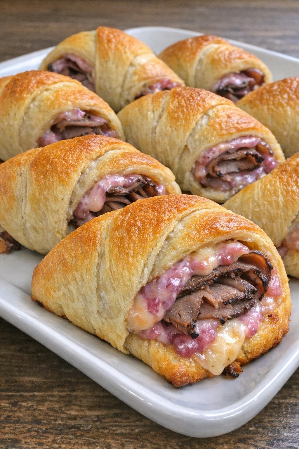 Golden brown crescent dough wheels with roast beef and port wine cheese
