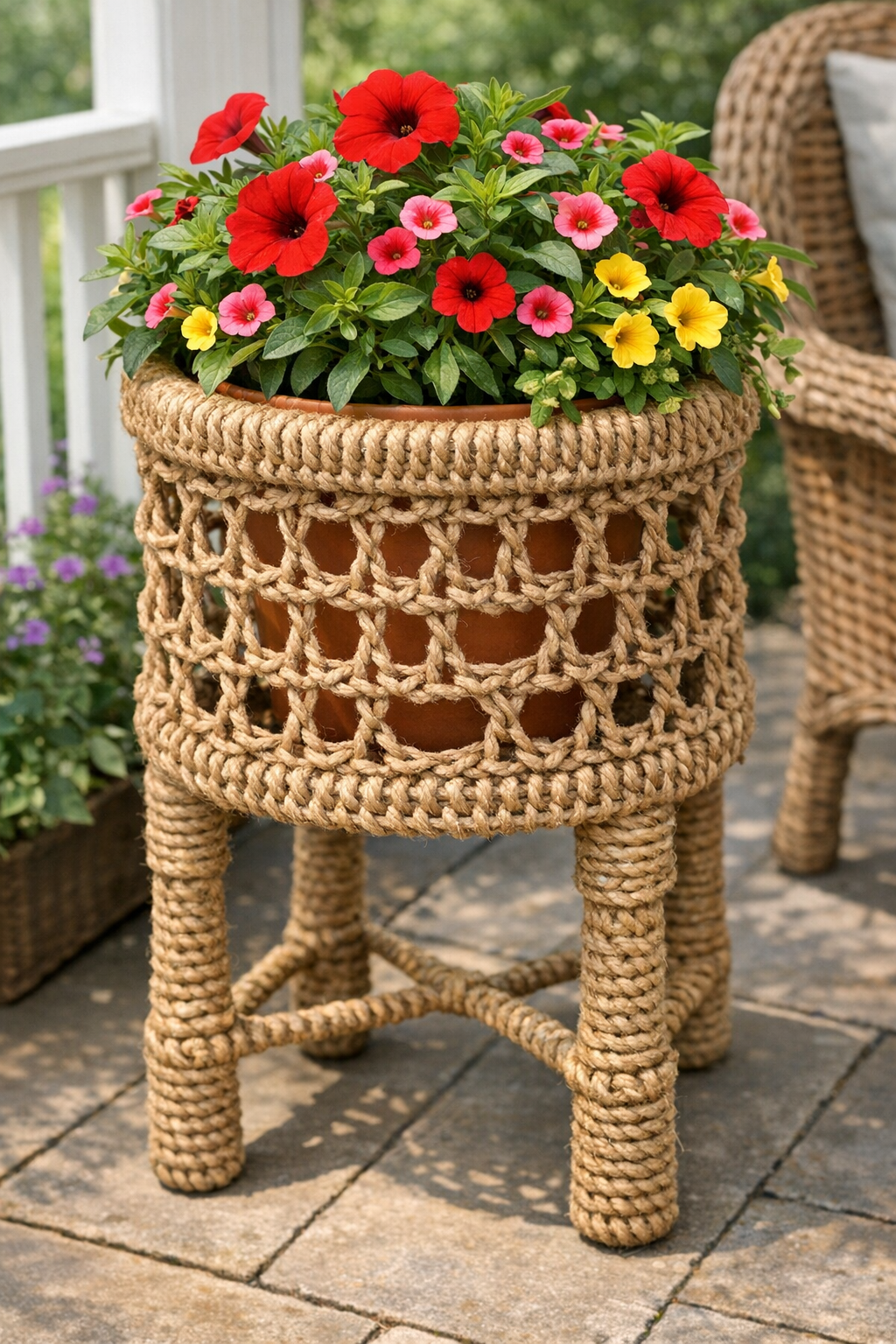 Finished crocheted jute planter stand holding a summer potted plant