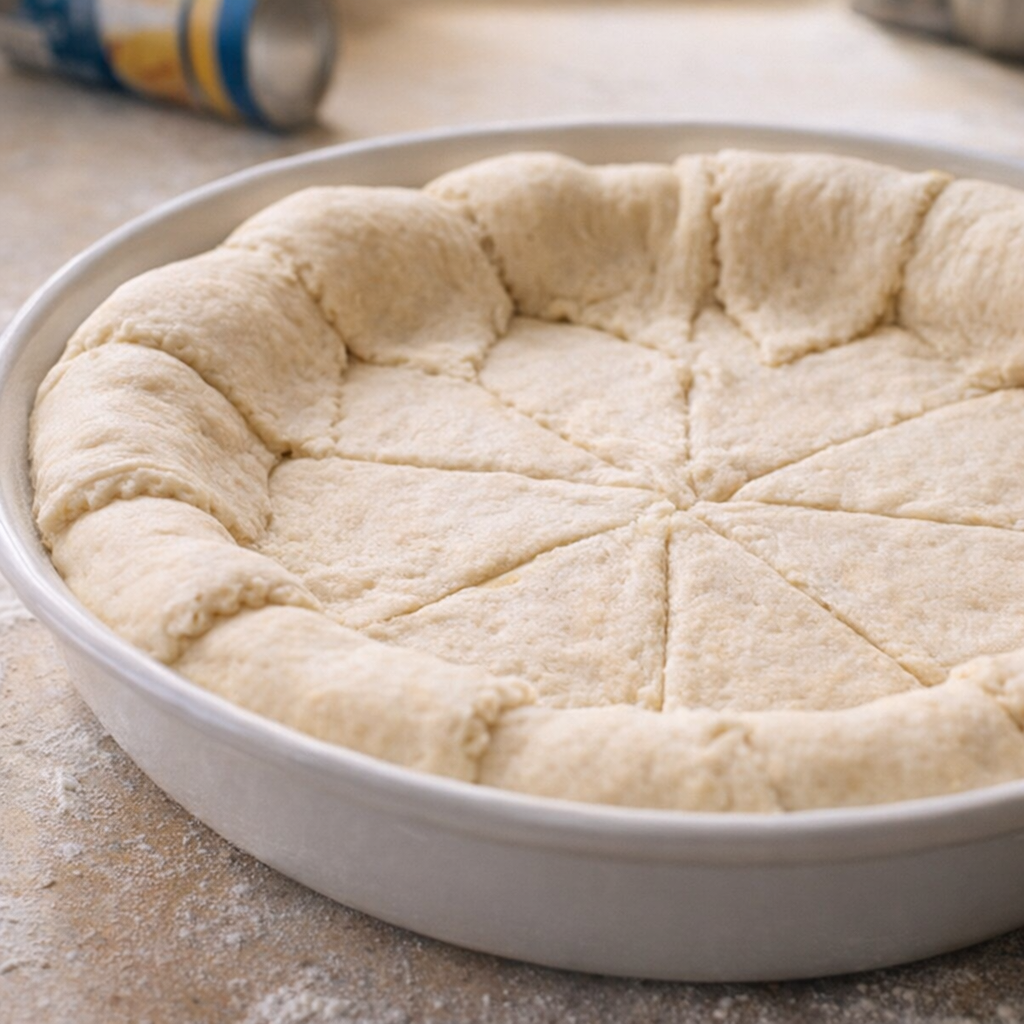 Crescent roll dough pressed into a pie dish