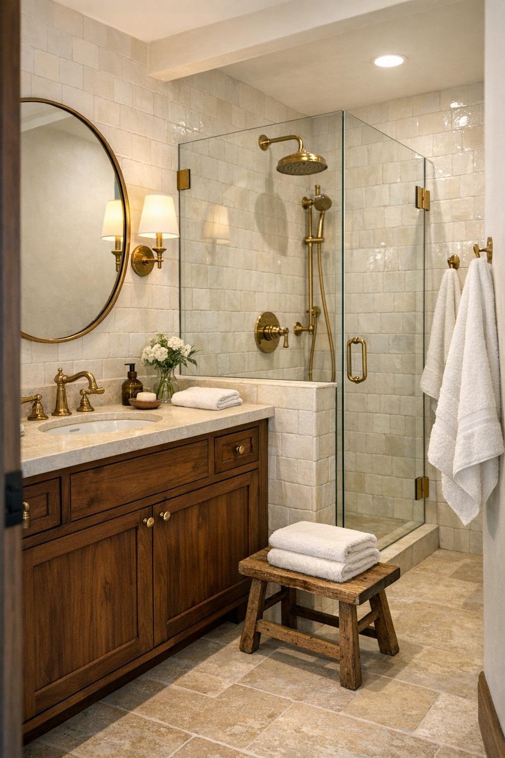 Bathroom with walnut vanity, pale stone counter, brass fixtures, and creamy tile shower