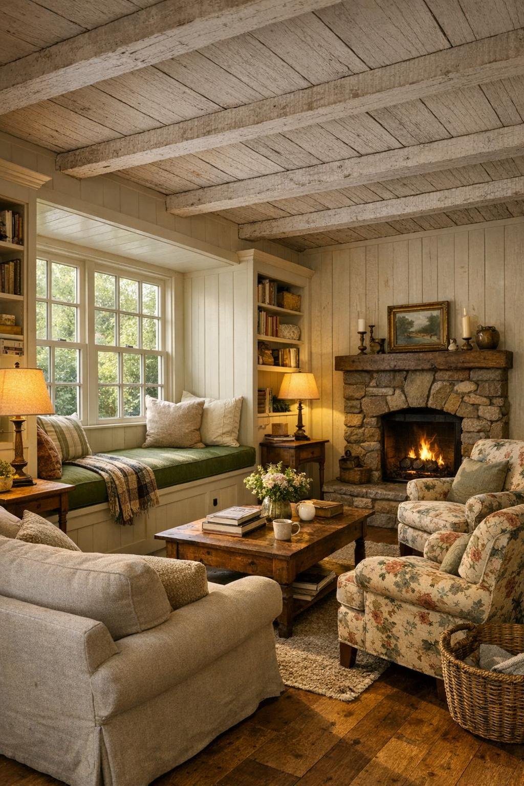 Cozy cottage living room with a built-in reading nook under windows