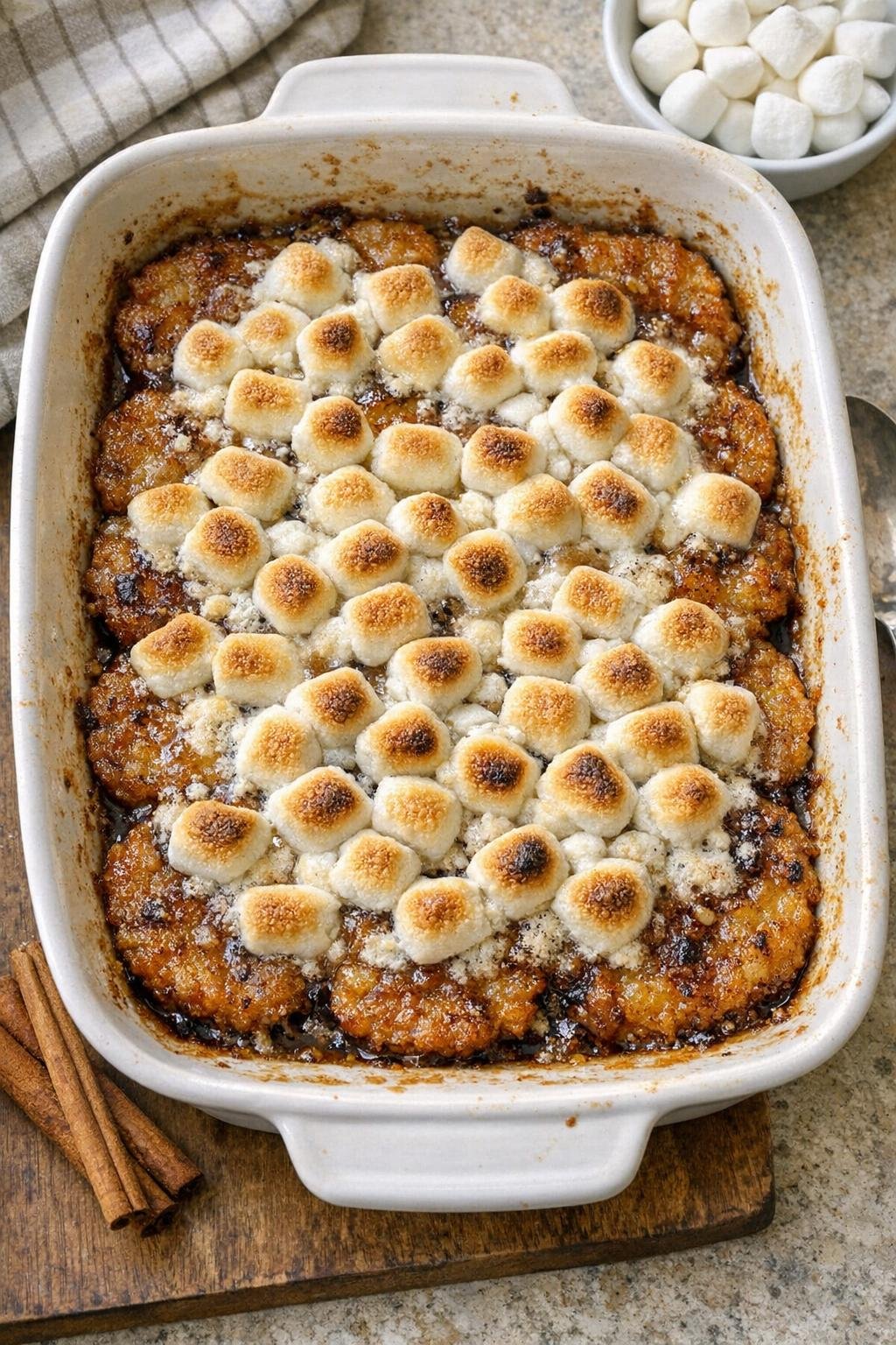Finished hash brown dessert casserole in ceramic baking dish